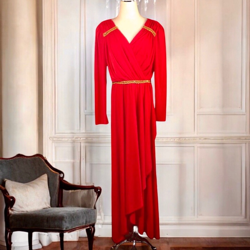 Lilli Diamond Vintage Gown Red Gold Sequin Braid Trim Maxi Dress